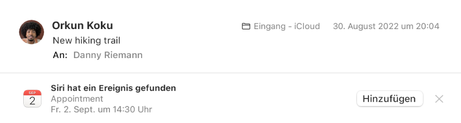 In der Vorschau erscheint unter dem Header einer Nachricht ein Banner mit Informationen zu dem Ereignis, das Siri in der Nachricht erkannt hat. Ganz rechts befindet sich ein Link, mit dem du das Ereignis in deinen Kalender übernehmen kannst.