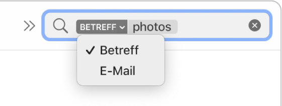 Ein Suchfilter, bei dem auf den Abwärtspfeil geklickt wurde, um zwei Optionen anzuzeigen: „Betreff“ und „Gesamte E-Mail“. „Betreff“ ist ausgewählt.