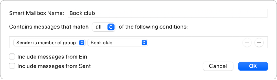 The Smart Group window showing criteria for a group named “Book club”. The group has two conditions. The first condition is “Sender is member of group”. The second condition is “Book club”.