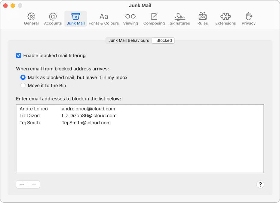 The Blocked pane in Mail settings showing a list of blocked senders. The tick box to enable blocked mail filtering is selected, as is the option to mark blocked mail but leave it in the Inbox upon arrival.