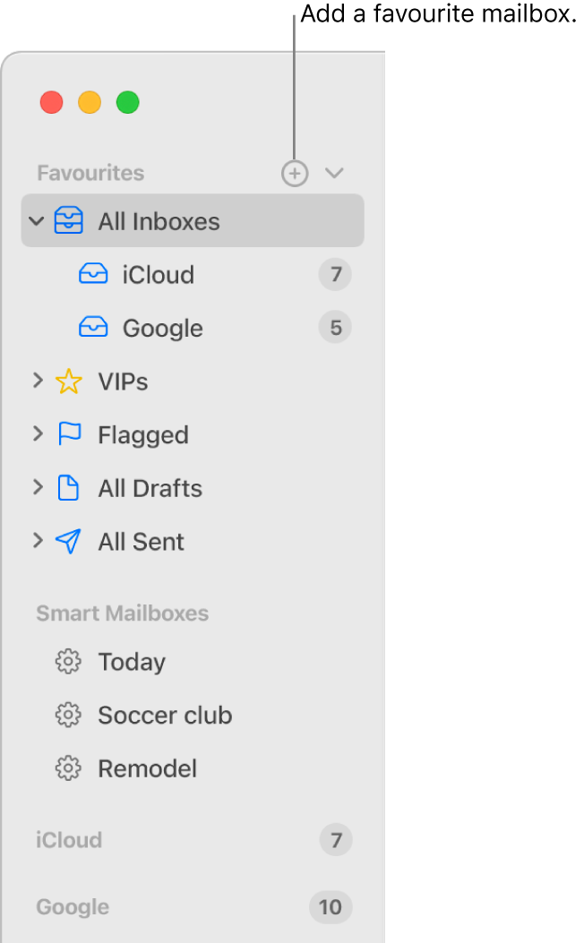 The Mail sidebar showing different accounts and mailboxes, and sections such as Favourites and Smart Mailboxes. At the top of the sidebar, click the button to the right of Favourites to add a mailbox to that section.