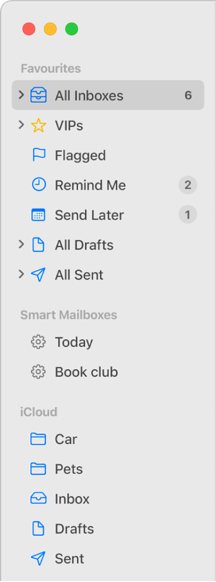The Mail sidebar showing standard mailboxes (such as Inbox and Drafts) at the top of the sidebar, and mailboxes you created in the On My Mac and iCloud sections.