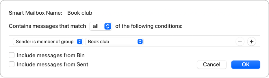 The Smart Group window showing criteria for a group named “Book club”. The group has two conditions. The first condition is Sender is member of group. The second condition is Book club.