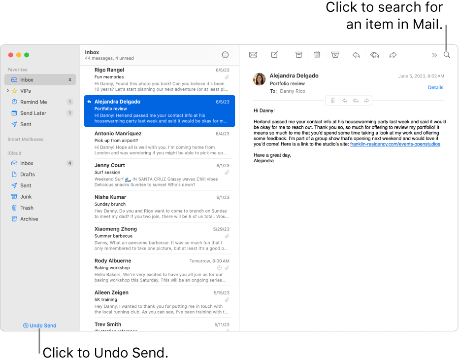 A Mail window showing the sidebar on the left. The Undo Send button is at the bottom of the sidebar.