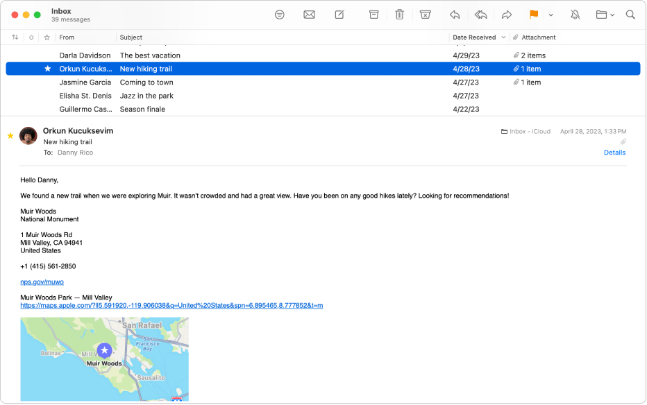 The Mail window showing the message list in column layout—with columns such as From, Subject, and Date Received—and the message preview below the list.