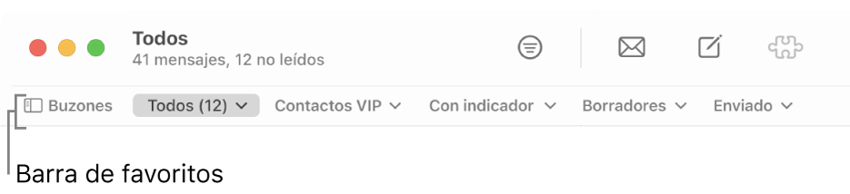 La barra de favoritos mostrando el botón Buzones y los botones para acceder a los buzones favoritos, como VIP y Con indicador.