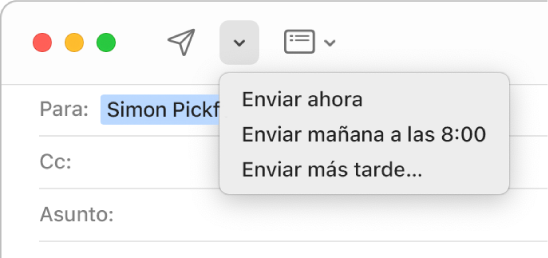 En la ventana del mensaje se encuentra un menú que muestra tres opciones para enviar un correo: Enviar ahora, Enviar mañanas a las 8 a.m. y Enviar más tarde.