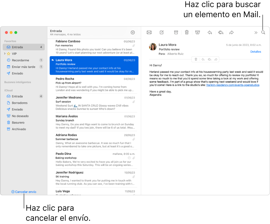 Una ventana de Mail mostrando la barra lateral a la izquierda. El botón Cancelar envío está en la parte inferior de la barra lateral.