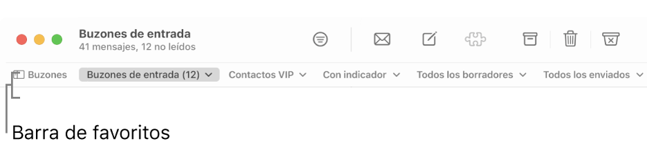 La barra de favoritos con el botón Buzones y los botones para acceder a los buzones favoritos, como VIP o “Con indicador”.