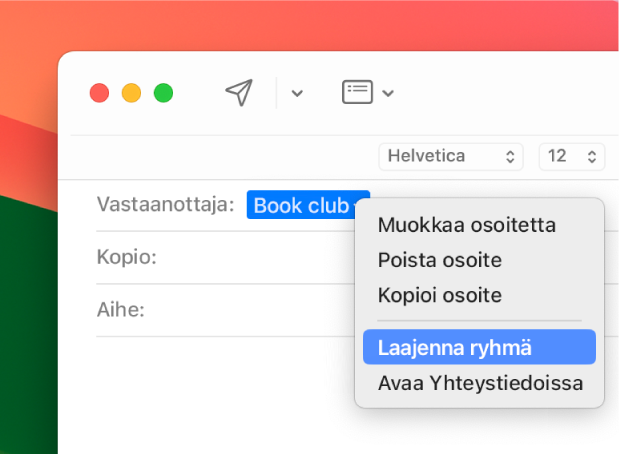 Sähköposti, jossa näkyy lista Vastaanottaja-kentässä, ja ponnahdusvalikko, jossa näkyy Laajenna ryhmä -komento.