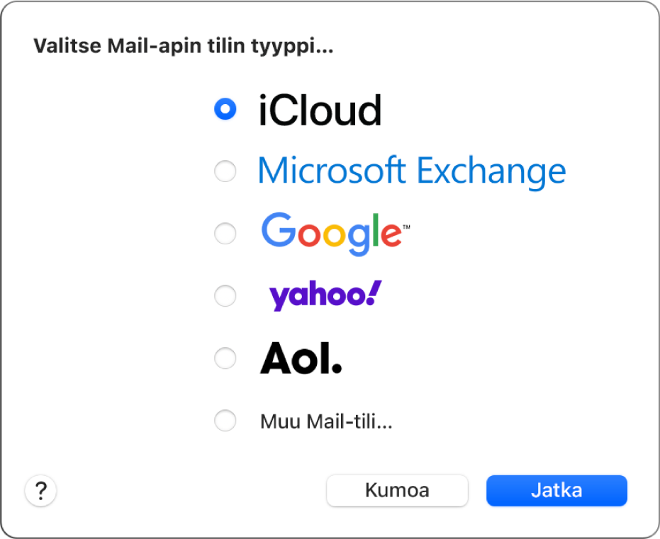 Valintaikkuna, jossa valitaan sähköpostitilin tyyppi. Näkyvissä ovat vaihtoehdot iCloud, Microsoft Exchange, Google, Yahoo, AOL ja Muu Mail-tili.