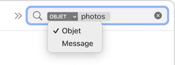 Un filtre de recherche avec la flèche vers le bas développée affichant deux options : Objet et « Message entier ». Objet est sélectionné.