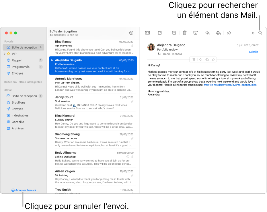 Fenêtre Mail avec la barre latérale sur la gauche. Le bouton « Annuler l’envoi » se trouve en bas de la barre latérale.