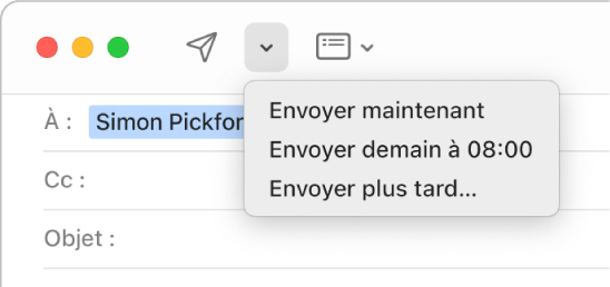 Menu dans la fenêtre d’un message présentant différentes options pour l’envoi d’un e-mail : Envoyer maintenant, Envoyer demain à 8 h et Envoyer plus tard.