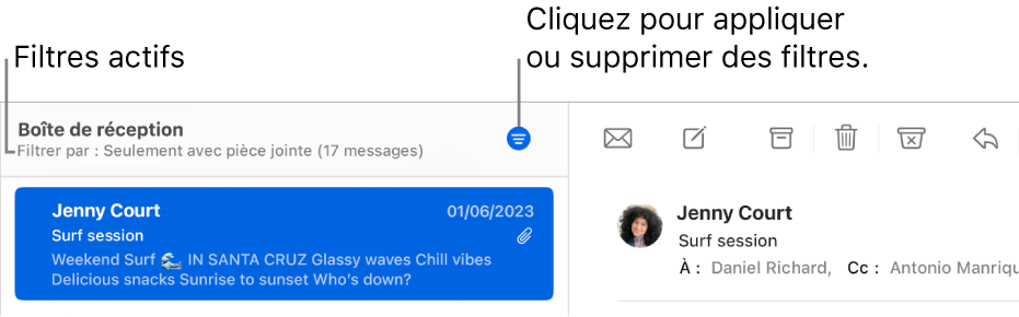 La fenêtre de Mail montrant la barre d’outils au-dessus de la liste des messages, avec les filtres appliqués par Mail, comme « Seulement des VIP ».