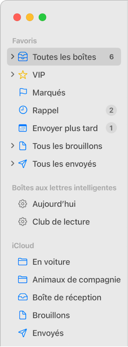 La barre latérale de Mail affichant les boîtes aux lettres standards (telles que Boîte de réception et Brouillons) en haut, et les boîtes aux lettres que vous avez créées dans les sections « Sur mon Mac » et iCloud.