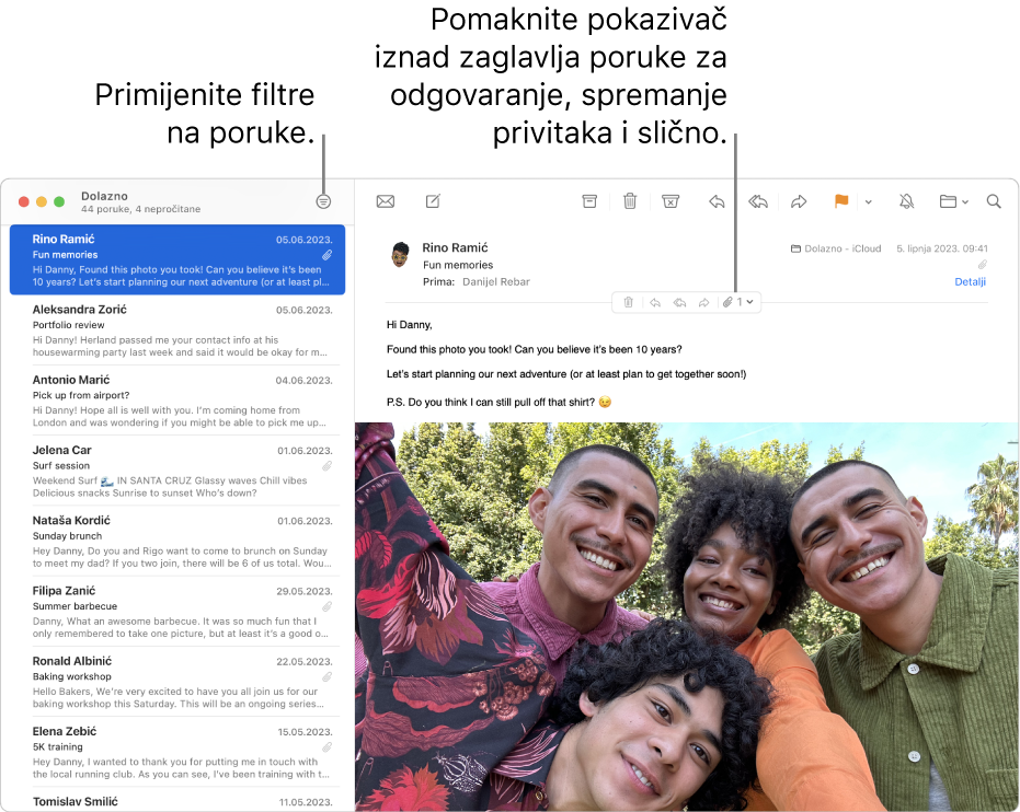 Prozor aplikacije Mail. Kliknite na tipku Filtar u alatnoj traci za primjenu filtara poruka. Za otkrivanje tipki za odgovor, spremanje privitaka i ostalo pomaknite pokazivač na područje zaglavlja poruke.