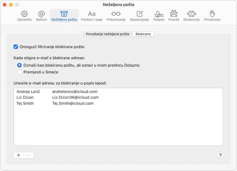 Okno Blokirani u postavkama aplikacije Mail s prikazom popisa blokiranih pošiljatelja. Označena je potvrdna kućica za omogućivanje filtriranja blokirane pošte, kao i opcija za označavanje blokirane pošta, ali koja po primitku ostaje u dolaznoj pošti.