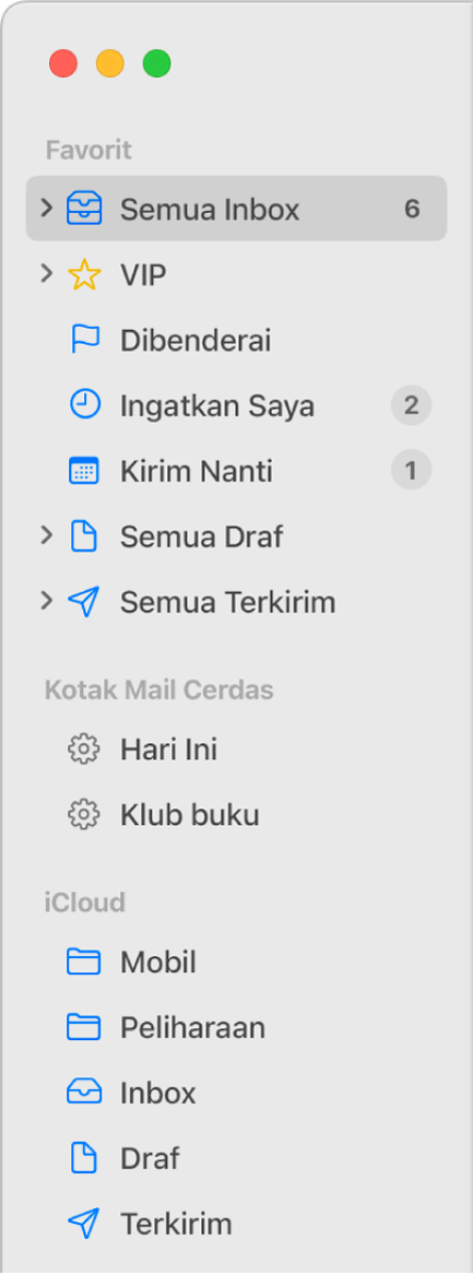 Bar samping Mail menampilkan kotak mail standar (seperti Inbox dan Draf) di bagian atas bar samping, dan kotak mail yang Anda buat di bagian Di Mac Saya dan iCloud.