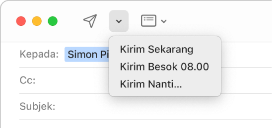 Menu di jendela pesan yang menampilkan pilihan berbeda untuk mengirim email—Kirim Sekarang, Kirim 08.00 Besok, dan Kirim Nanti.