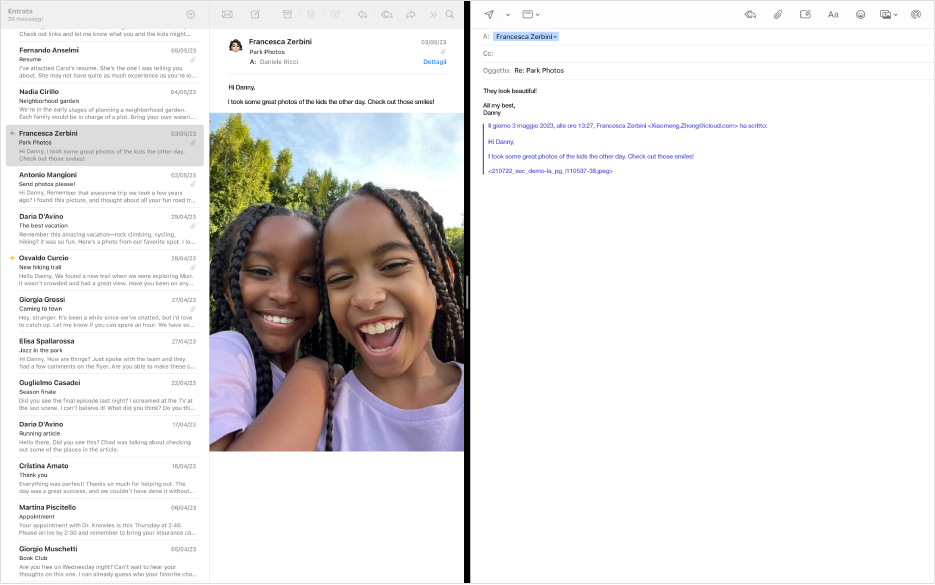 Elenco dei messaggi affiancato a una finestra di scrittura in modalità Split View.