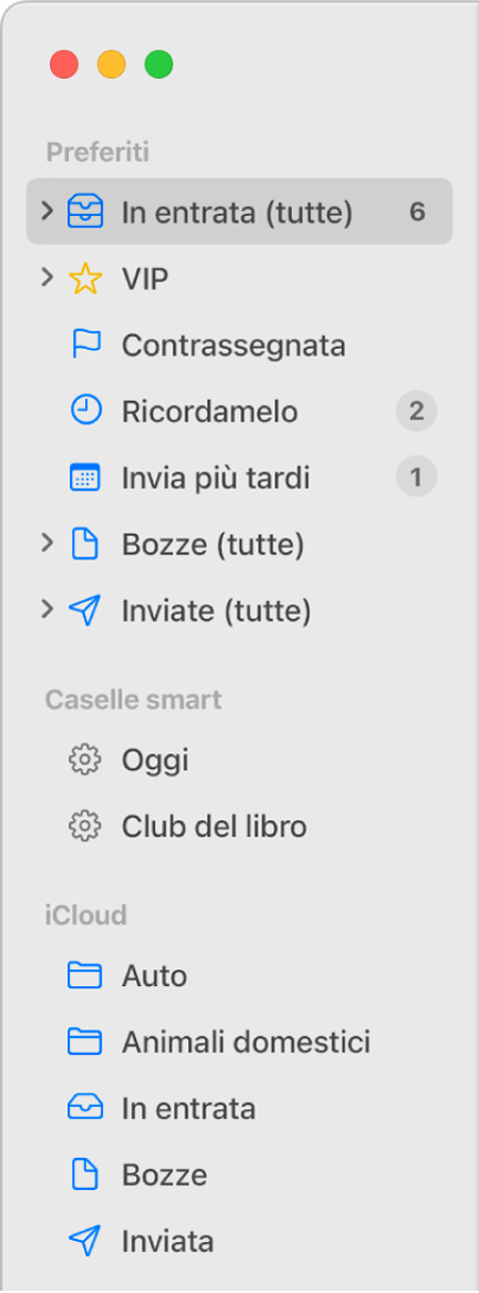 Barra laterale di Mail che mostra le caselle standard (ovvero Entrata e Bozze) nella parte superiore e le caselle create da te nelle sezioni “Sul mio Mac” e iCloud.