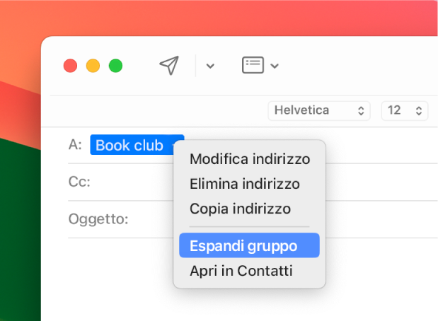 Email che include un elenco nel campo A e il menu a comparsa che mostra il comando “Espandi gruppo”.