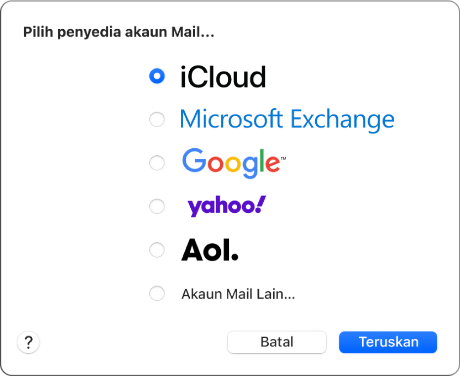 Tetingkap Mail menunjukkan dialog akaun.