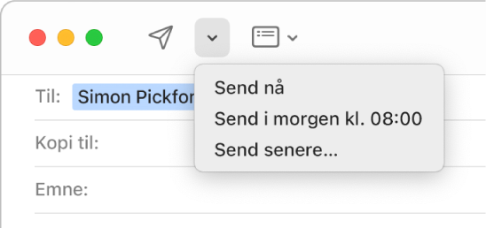 En meny i meldingsvinduet viser forskjellige valg for å sende en e-post – Send nå, Send kl. 08:00 i morgen og Send senere.