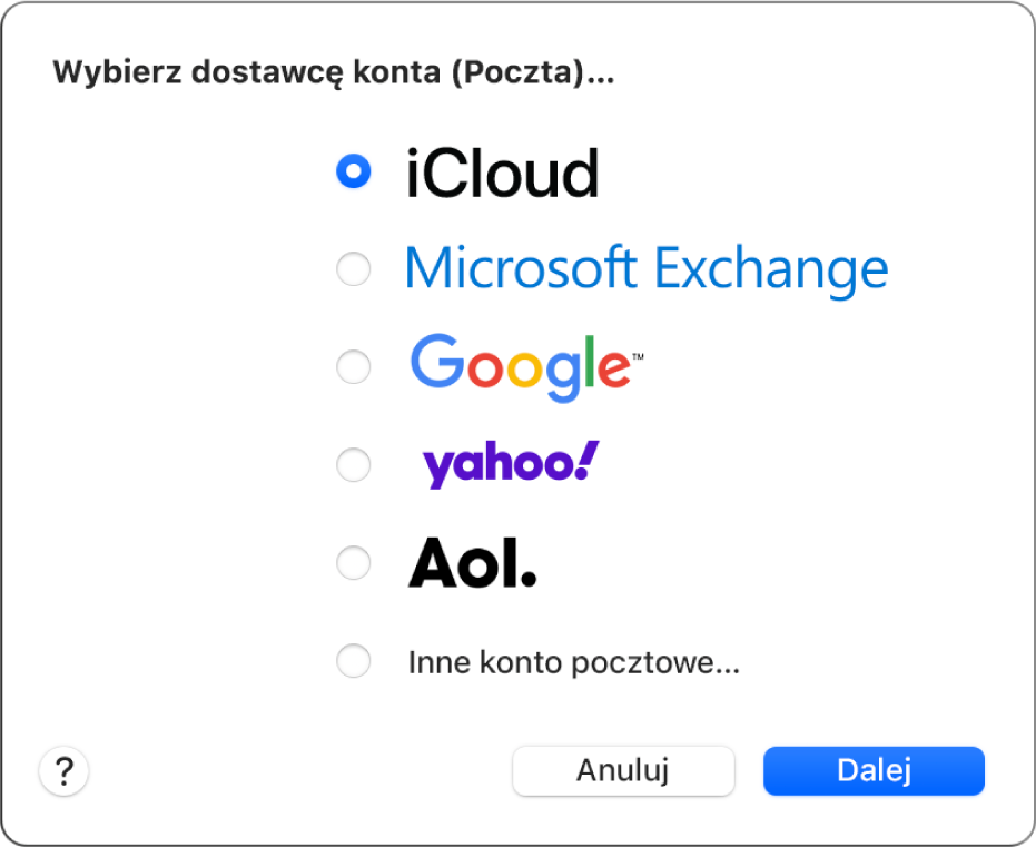 Okno dialogowe z prośbą o wybranie typu konta email, zawierające pozycje iCloud, Microsoft Exchange, Google, Yahoo, AOL oraz Inne konto pocztowe.