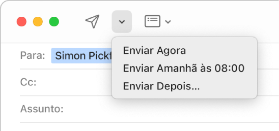 Um menu na janela da mensagem mostrando opções diversas para enviar um e-mail — Enviar Agora, Enviar Amanhã às 8:00 e Enviar Depois.