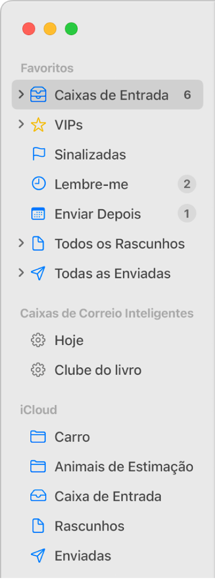A barra lateral do Mail mostrando caixas de correio padrão (como Caixa de Entrada e Rascunhos) na parte superior da barra lateral e caixas de correio criadas nas seções Em Meu Mac e iCloud.