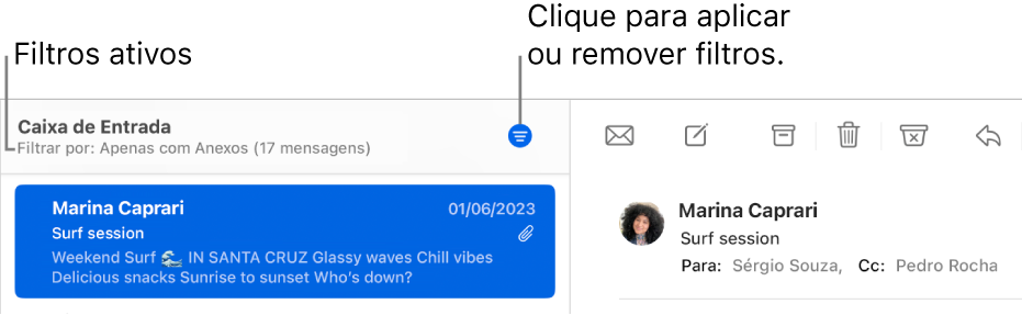 Janela do Mail mostrando a barra de ferramentas acima da lista de mensagens, onde o Mail indica quais filtros, como “Apenas dos VIPs”, estão aplicados.