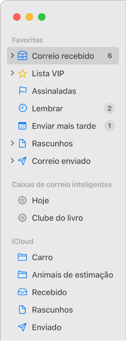 Barra lateral do Mail a mostrar as caixas de correio padrão (como Recebido e Rascunhos), na parte superior da barra lateral, e as caixas de correio criadas nas secções No meu Mac e iCloud.