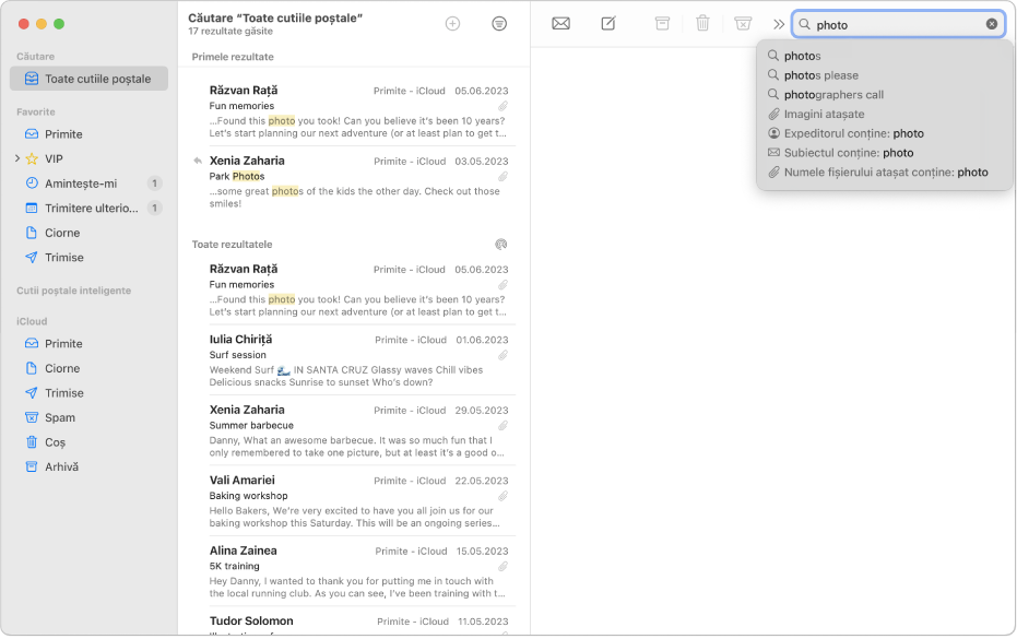 O fereastră Mail prezentând rezultatele unei căutări.