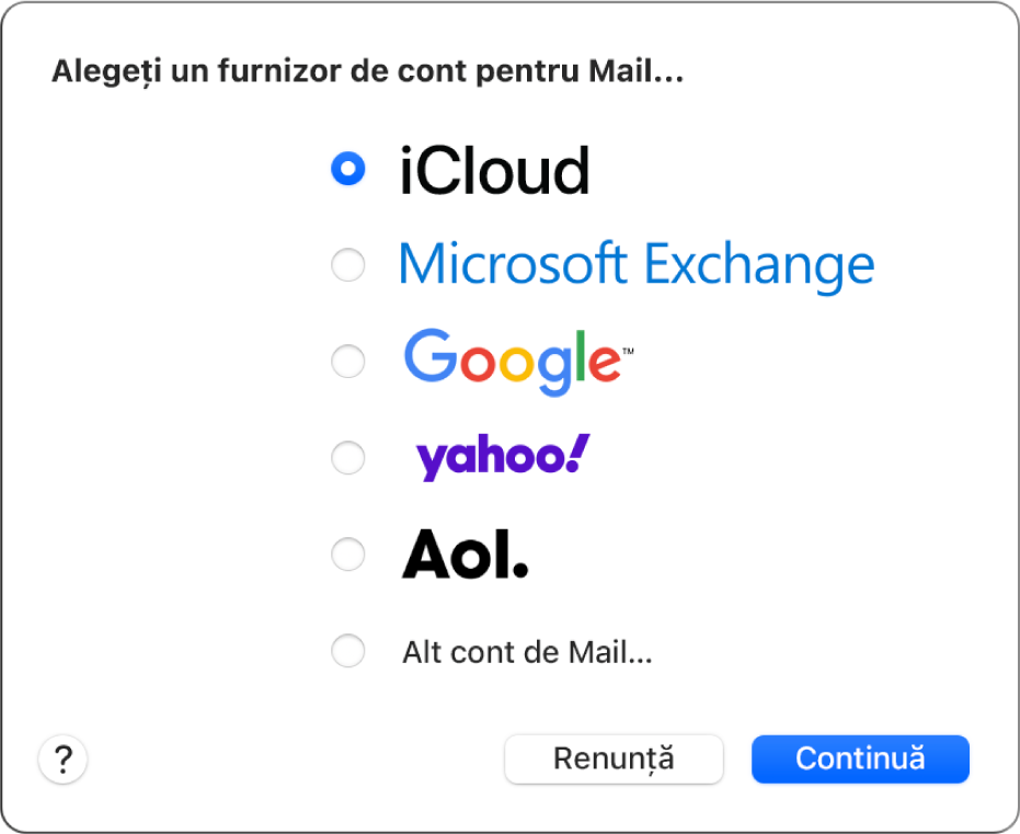 Fereastra de dialog în care selectați tipul contului de e‑mail, afișând iCloud, Microsoft Exchange, Google, Yahoo, AOL și Alt cont de Mail.