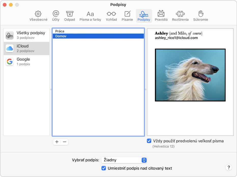 Panel nastavení Podpisy v aplikácii Mail zobrazujúci podpis, ktorý obsahuje formátovaný text a obrázok.
