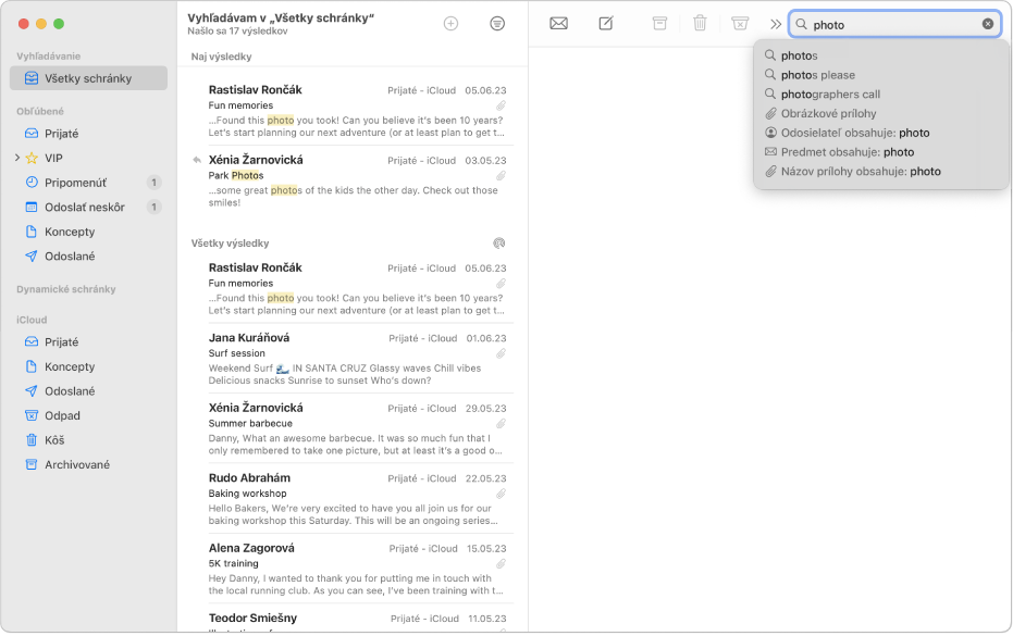 Okno apky Mail zobrazujúce výsledky vyhľadávania.