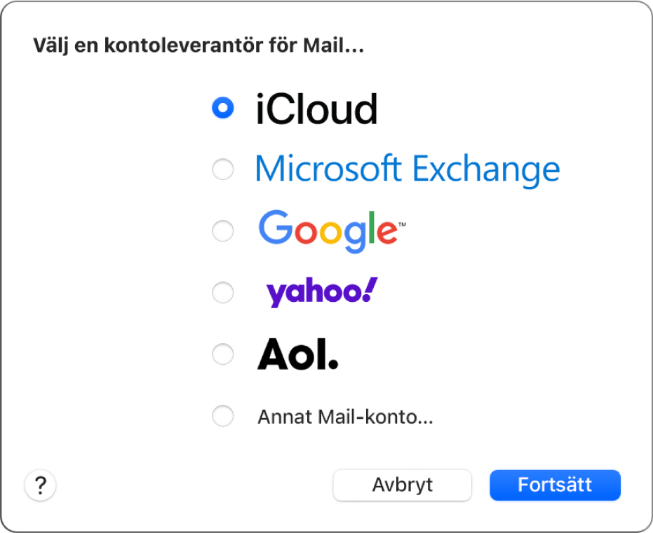 Dialogrutan för att välja en e-postkontotyp med iCloud, Microsoft Exchange, Google, Yahoo, AOL och Annat Mail-konto.