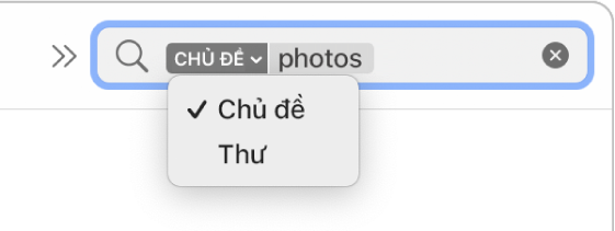 Bộ lọc tìm kiếm có mũi tên xuống được bấm vào để hiển thị hai tùy chọn: Chủ đề và Toàn bộ thư. Chủ đề được chọn.