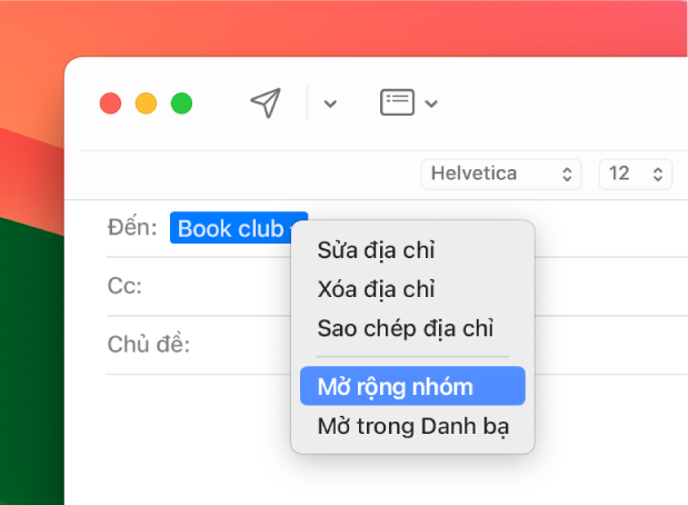 Email hiển thị danh sách trong trường Đến và menu bật lên hiển thị lệnh Mở rộng nhóm.