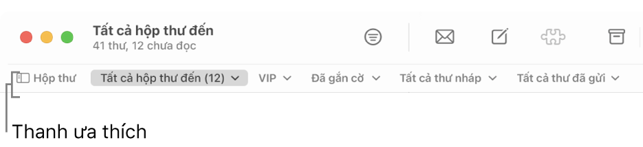 Thanh Mục ưa thích đang hiển thị nút Hộp thư và các nút để truy cập vào các hộp thư ưa thích, chẳng hạn như VIP và Đã gắn cờ.