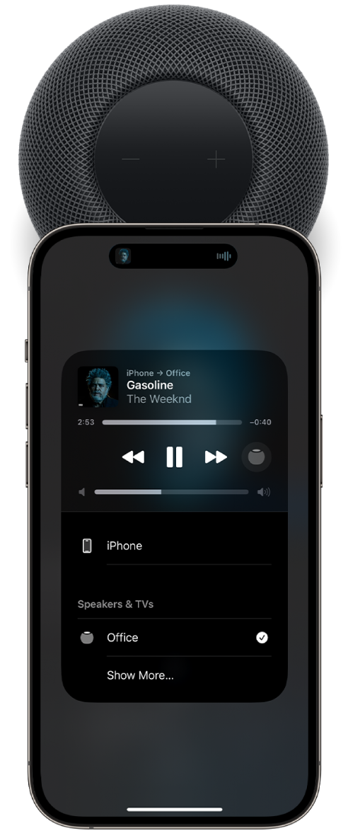 On an iPhone screen, a song is playing. The iPhone is close to the top of HomePod, and the song has been transferred to HomePod.