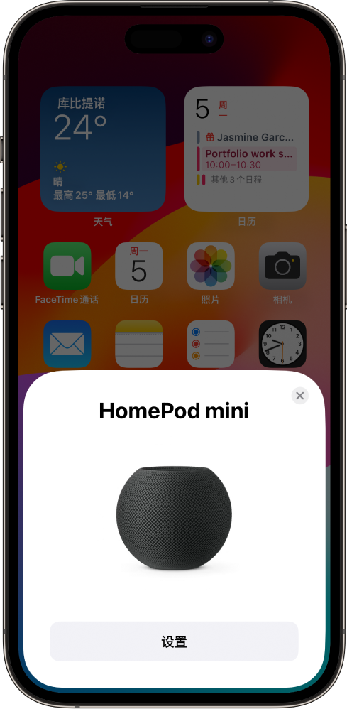iOS 或 iPadOS 设备靠近 HomePod 时出现的设置屏幕。