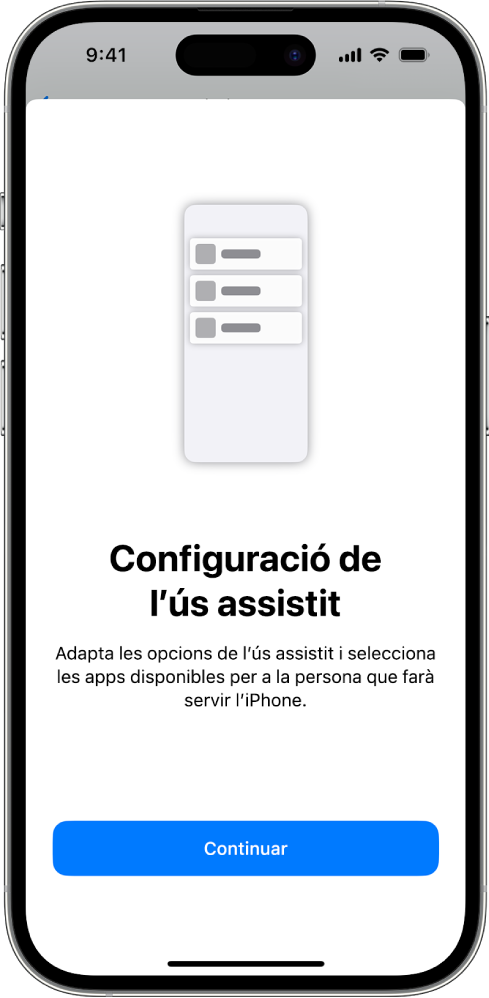 Un iPhone amb la pantalla de configuració de l’ús assistit i el botó “Continuar” a la part inferior.