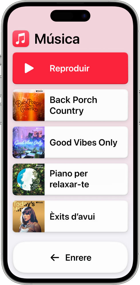 Un iPhone amb l’ús assistit activat amb l’app Música oberta. El botó “Reproduir” és a la part superior de la pantalla i el botó “Enrere” a la part inferior. Una llista de llistes de reproducció omple el centre de la pantalla.