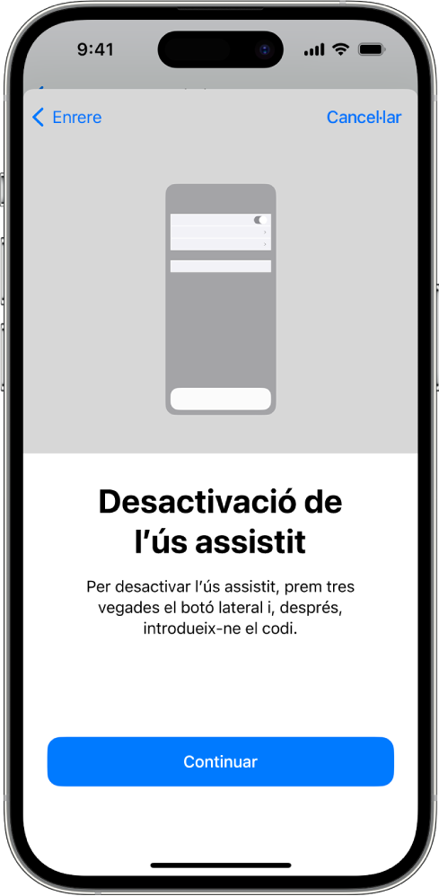 Un iPhone amb una pantalla on s’explica com desactivar l’ús assistit.