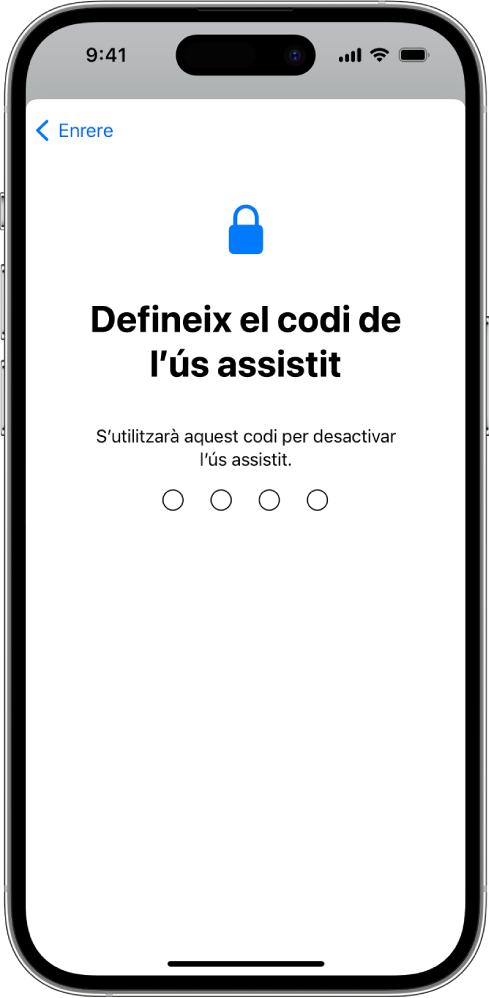 Un iPhone amb la pantalla per configurar el codi que es fa servir per activar i desactivar l’ús assistit.