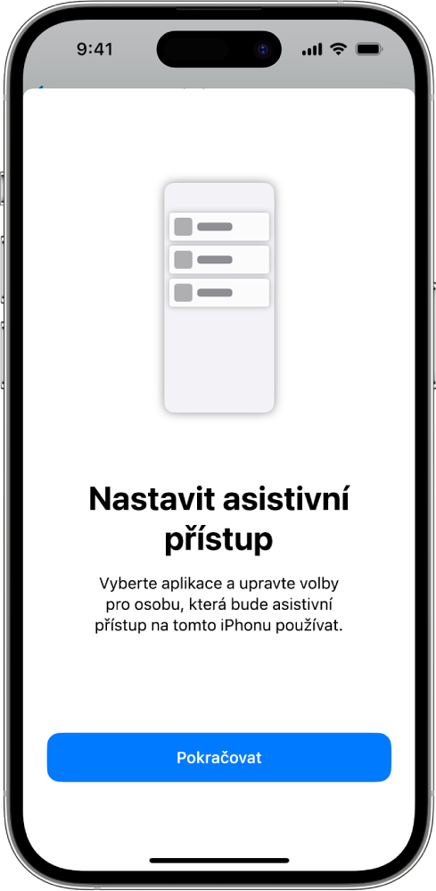 iPhone s obrazovkou nastavení asistivního přístupu, na které je u dolního okraje vidět tlačítko Pokračovat