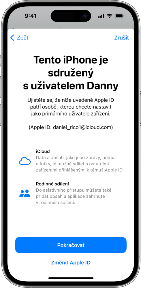 Na iPhonu je zobrazené Apple ID sdružené se zařízením a informace o službách iCloud a Rodinné sdílení, které je možné s asistivním přístupem používat.